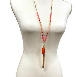 NY Gold Tone & Orange Fauceted Glass Beaded Long Necklace